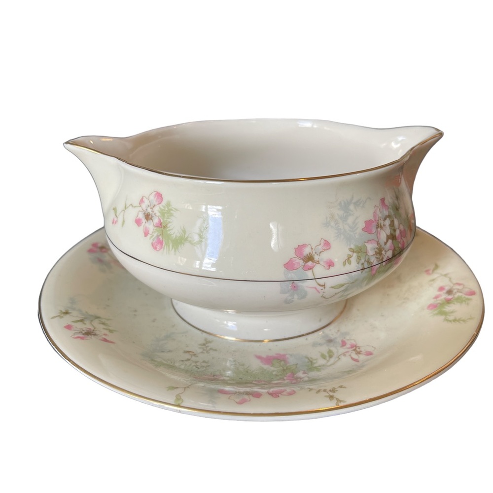 Vintage Apple Blossom - Round Gravy Boat/Attached Underplate by Haviland